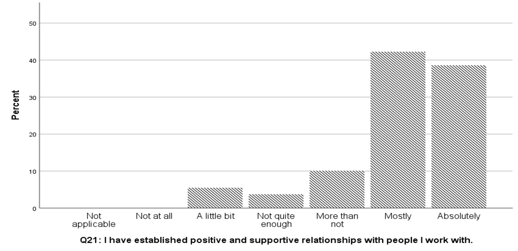 A graph showing responses to the statement "I have established positive and supportive relationships with the people I work with," with the majority of respondents answering "mostly"
