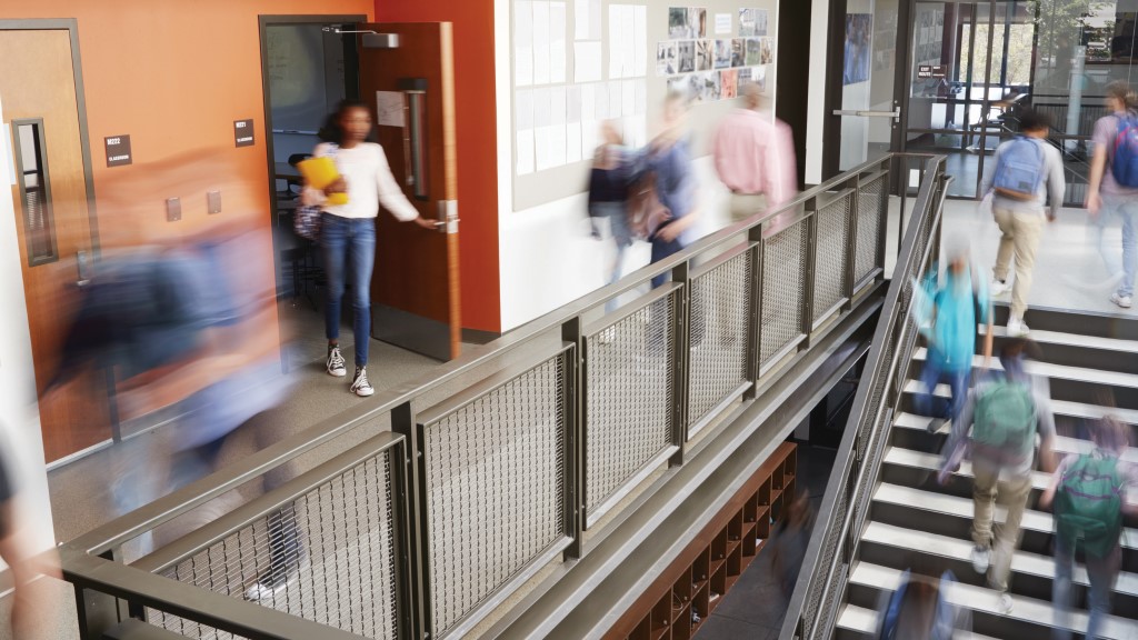 Blurry, unfocused students walking through a school