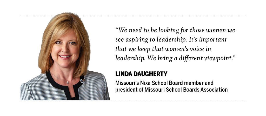 an image of Linda Daugherty saying "we need to be looking for those women we see aspiring to leadership. It's important that we keep that women's voice in leadership. We bring a different viewpoint."