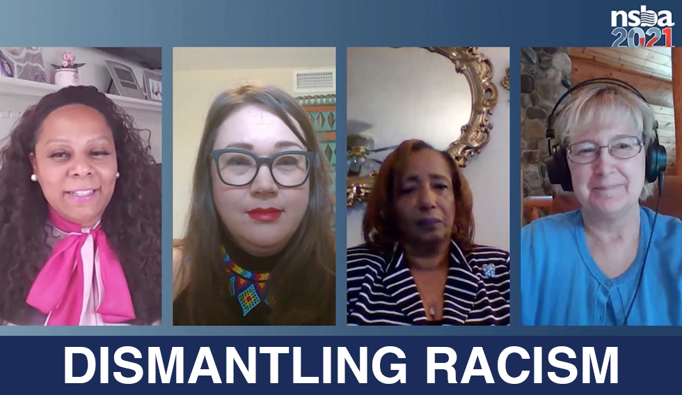 Four panelists smile at their webcams and the text "Dismantling racism"