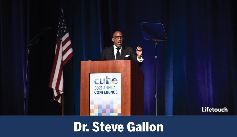 steve gallon speaks a podium and the text "Dr. Steve Gallon"