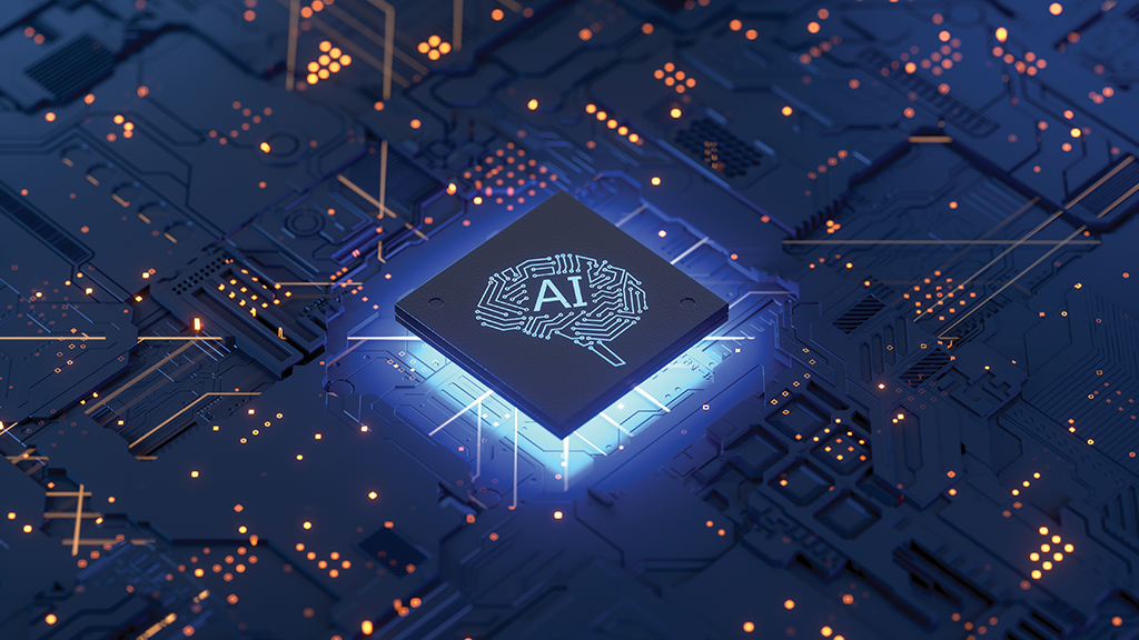 A graphic design of the inside of a computer shows the letters AI, for artificial intelligence, at the center of the computer core.