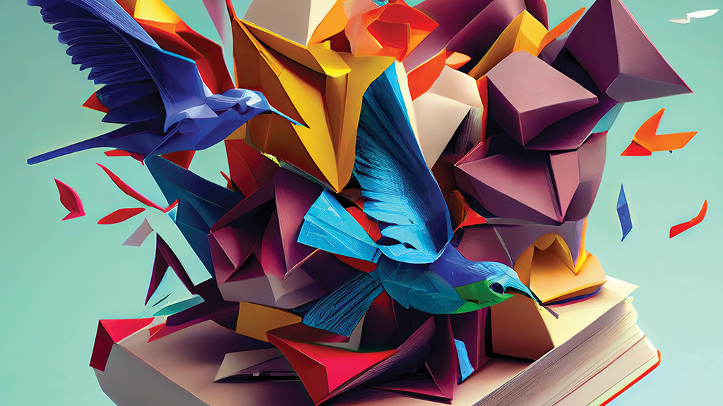 A brightly colored illustration shows  papers and shapes flying from the pages of a book.