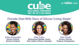 Promo banner for CUBE 2024 featuring stars of "Living Single," Erika Alexander, Kim Coles, and Kim Fields