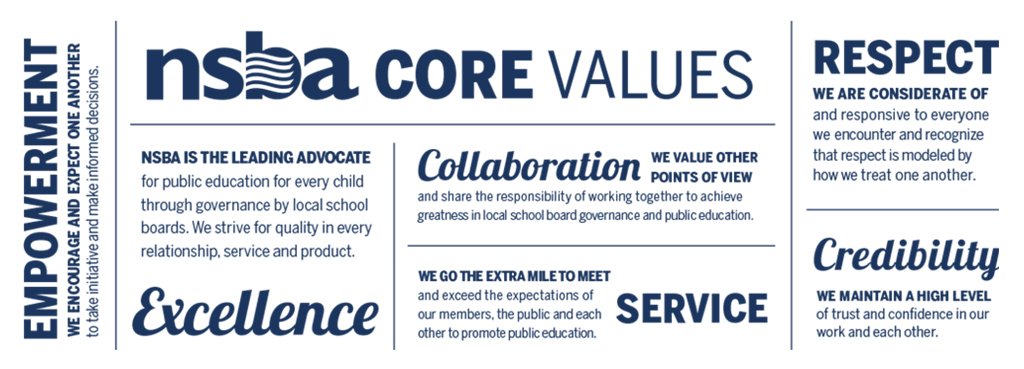A typography graphic displaying NSBA's core values