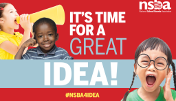 A graphic displaying kids shouting into a megaphone, giving a thumbs up and shouting, with the text "It's Time for a Great Idea!" displayed